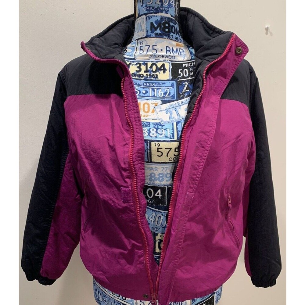 Ski Jacket LANDS END Full Zip Youths M 10-12 Raspberry/Black Hidden Hood
